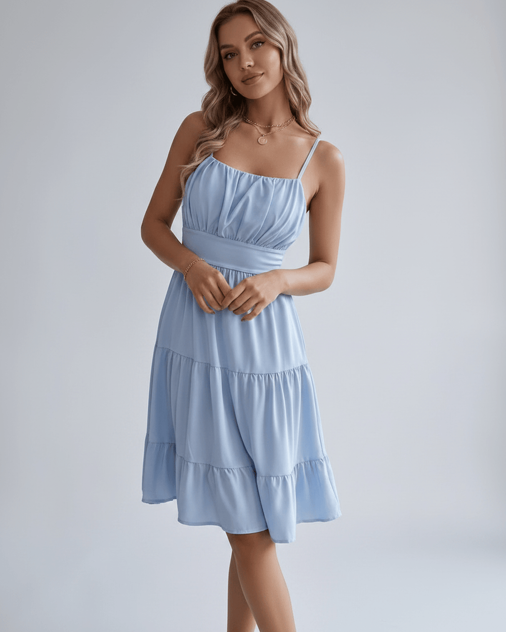 Lunara Midi Dress by Lauven — chiffon sleeveless square neck A-line midi dress