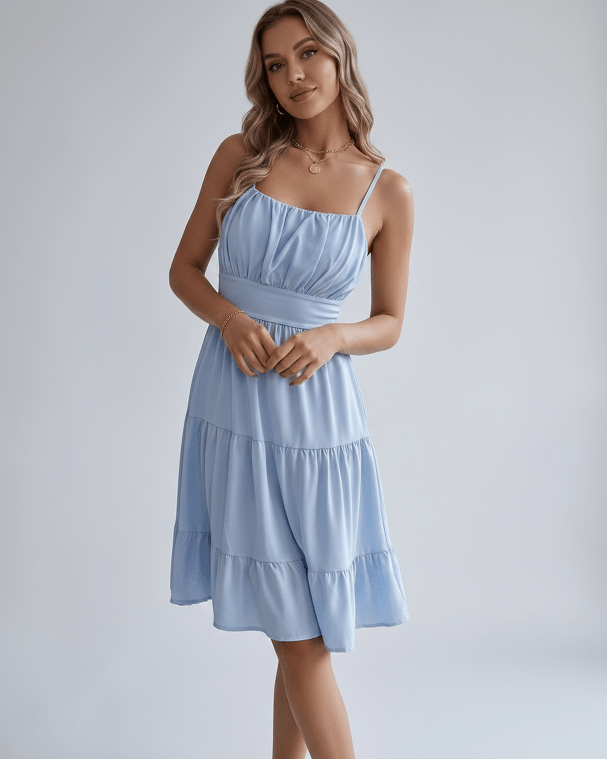 Lunara Midi Dress by Lauven — chiffon sleeveless square neck A-line midi dress