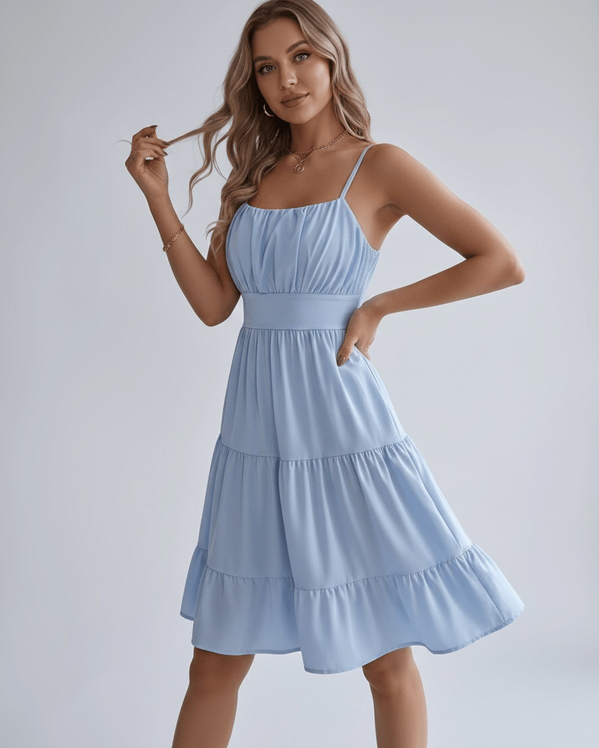 Lunara Midi Dress by Lauven — chiffon sleeveless square neck A-line midi dress