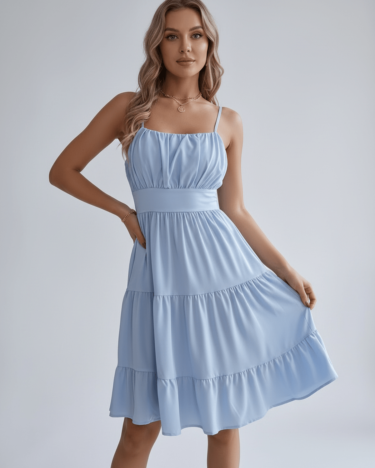 Lunara Midi Dress by Lauven — chiffon sleeveless square neck A-line midi dress