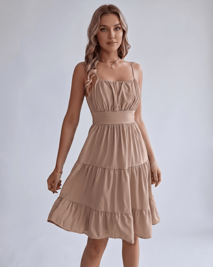 Lunara Midi Dress by Lauven — beige chiffon sleeveless square neck A-line midi dress