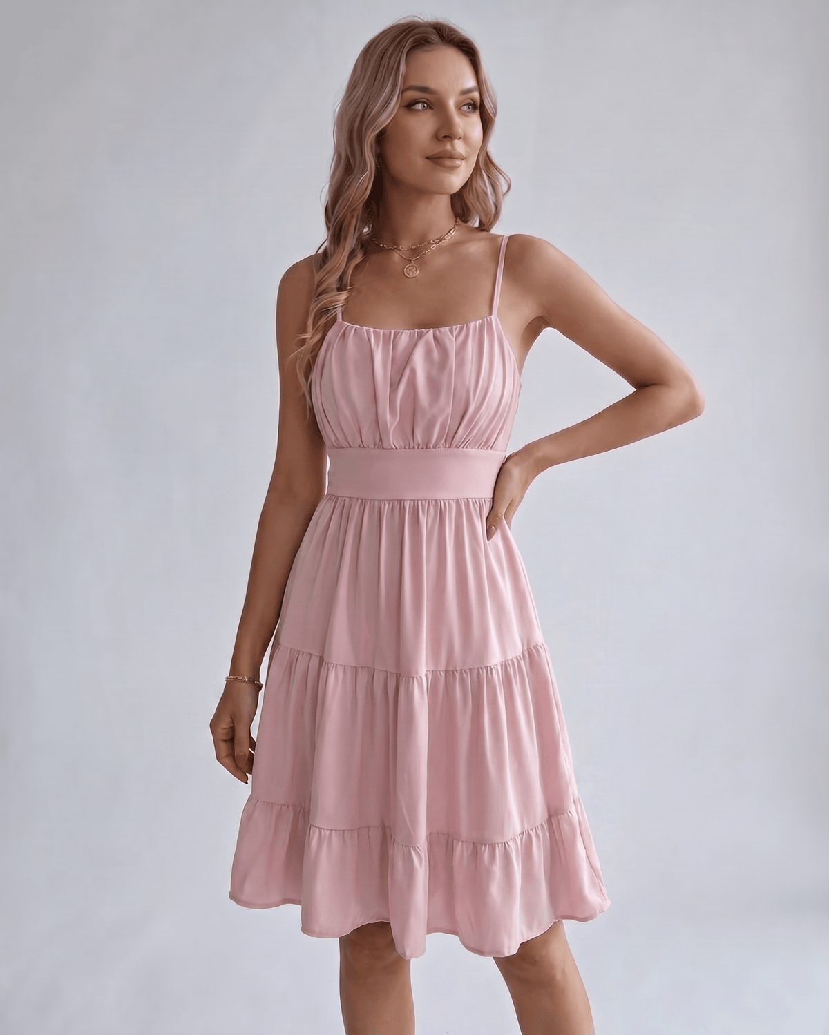 Lunara Midi Dress by Lauven — chiffon sleeveless square neck A-line midi dress