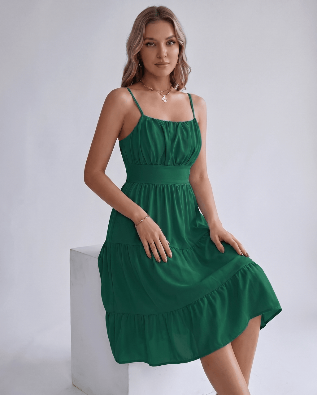 Lunara Midi Dress by Lauven — chiffon sleeveless square neck A-line midi dress