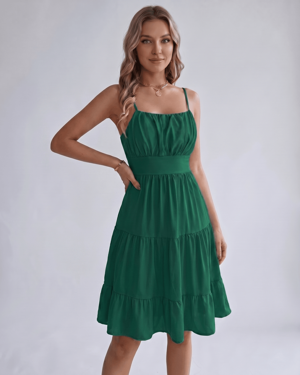 Lunara Midi Dress by Lauven — chiffon sleeveless square neck A-line midi dress