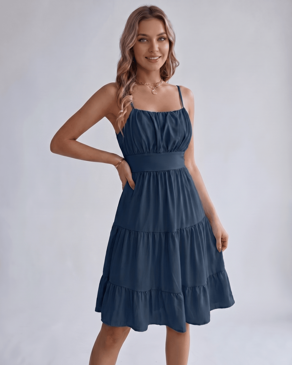 Lunara Midi Dress by Lauven — chiffon sleeveless square neck A-line midi dress