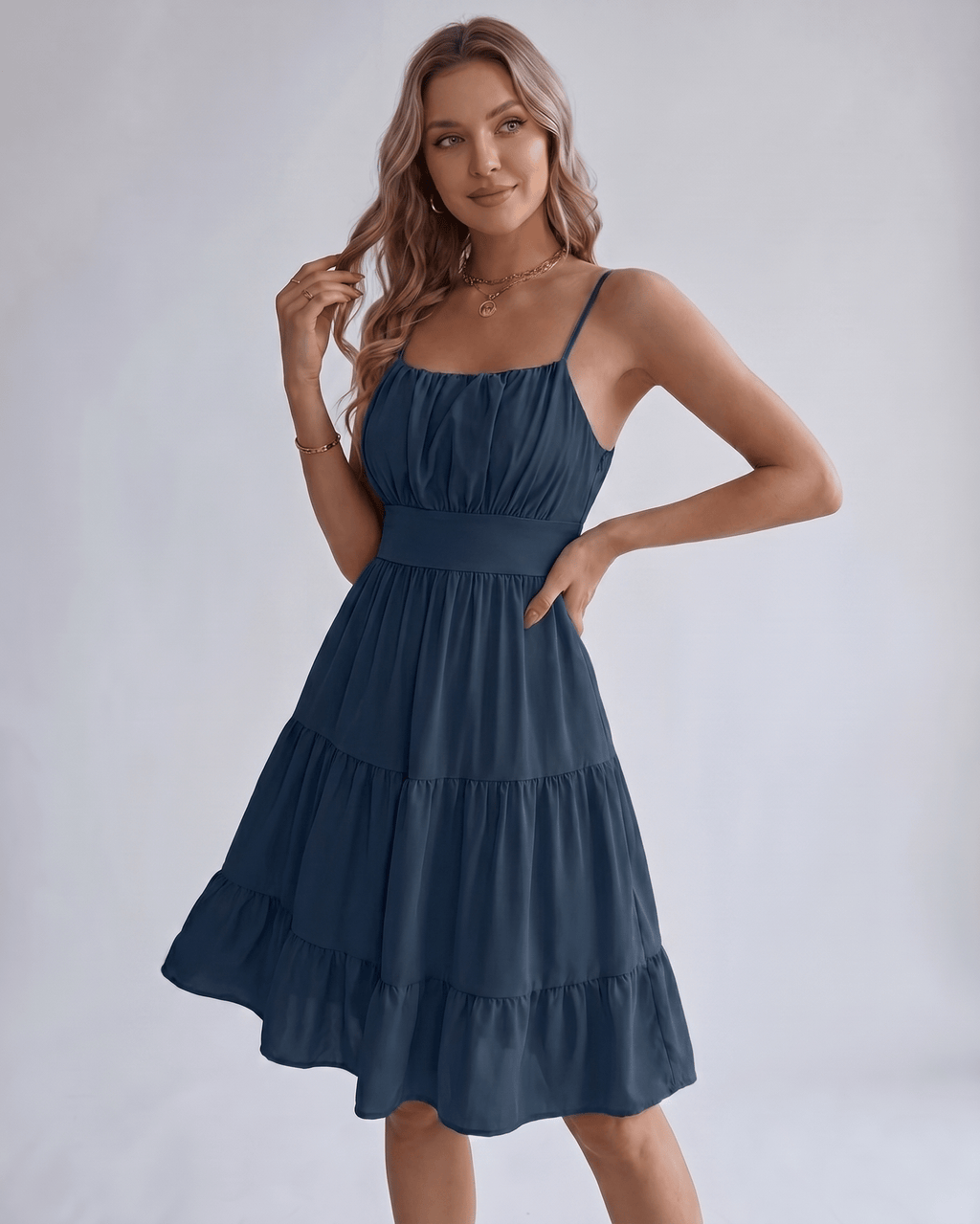 Lunara Midi Dress by Lauven — chiffon sleeveless square neck A-line midi dress