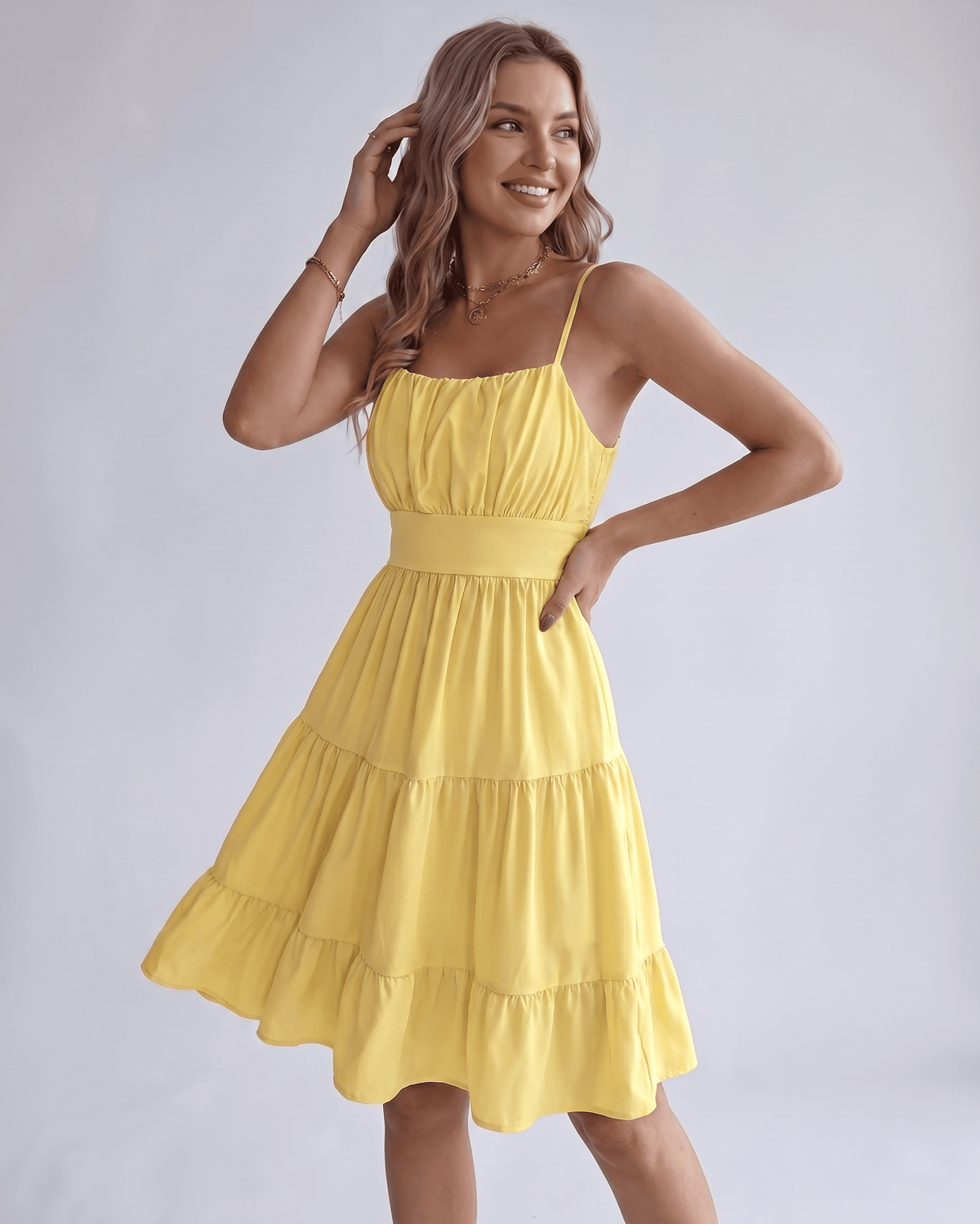 Lunara Midi Dress by Lauven — chiffon sleeveless square neck A-line midi dress