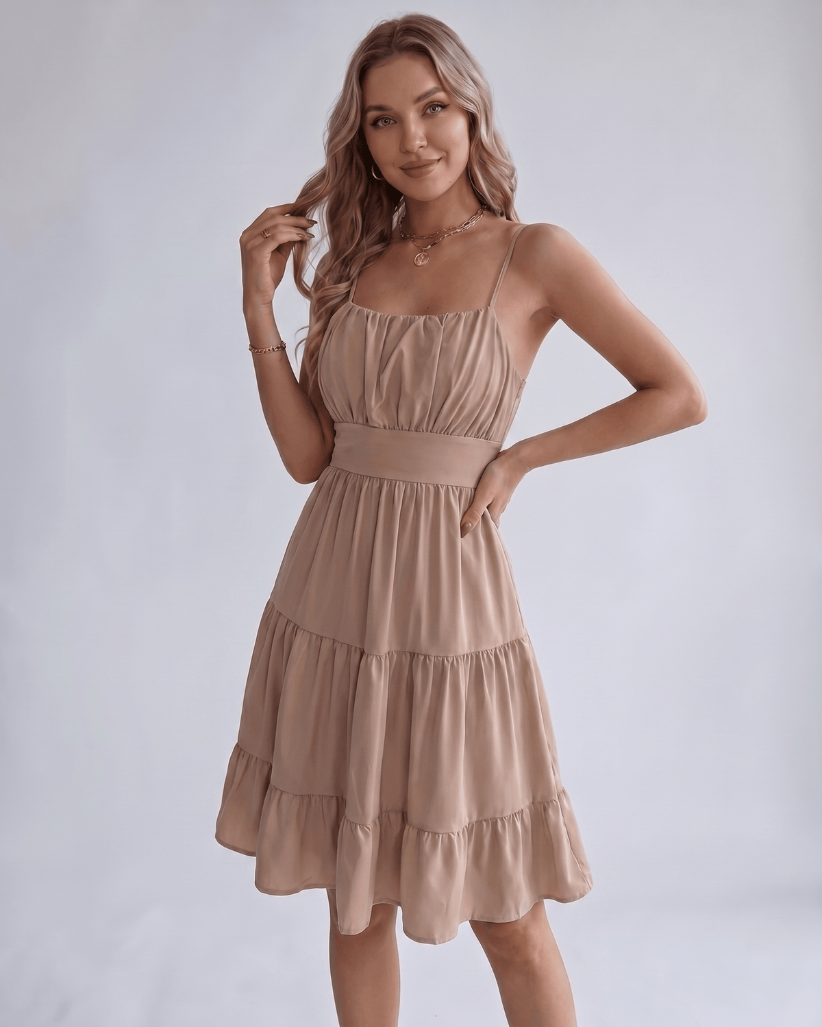 Lunara Midi Dress by Lauven — chiffon sleeveless square neck A-line midi dress