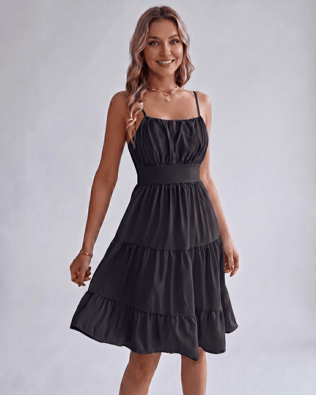 Lunara Midi Dress by Lauven — chiffon sleeveless square neck A-line midi dress