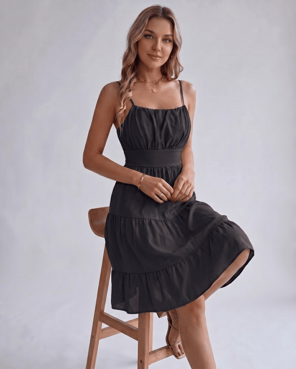 Lunara Midi Dress by Lauven — chiffon sleeveless square neck A-line midi dress