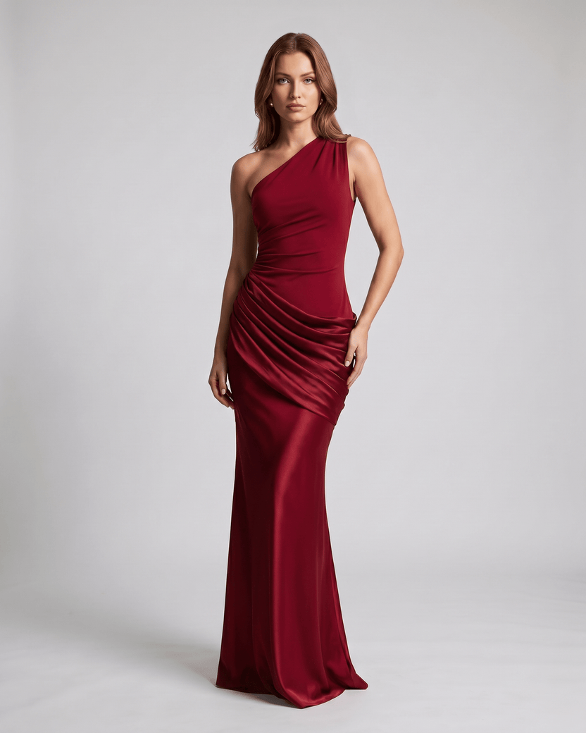 Veloura Maxi Dress by Lauven — red satin sleeveless one-shoulder fitted maxi dress with ruched waist