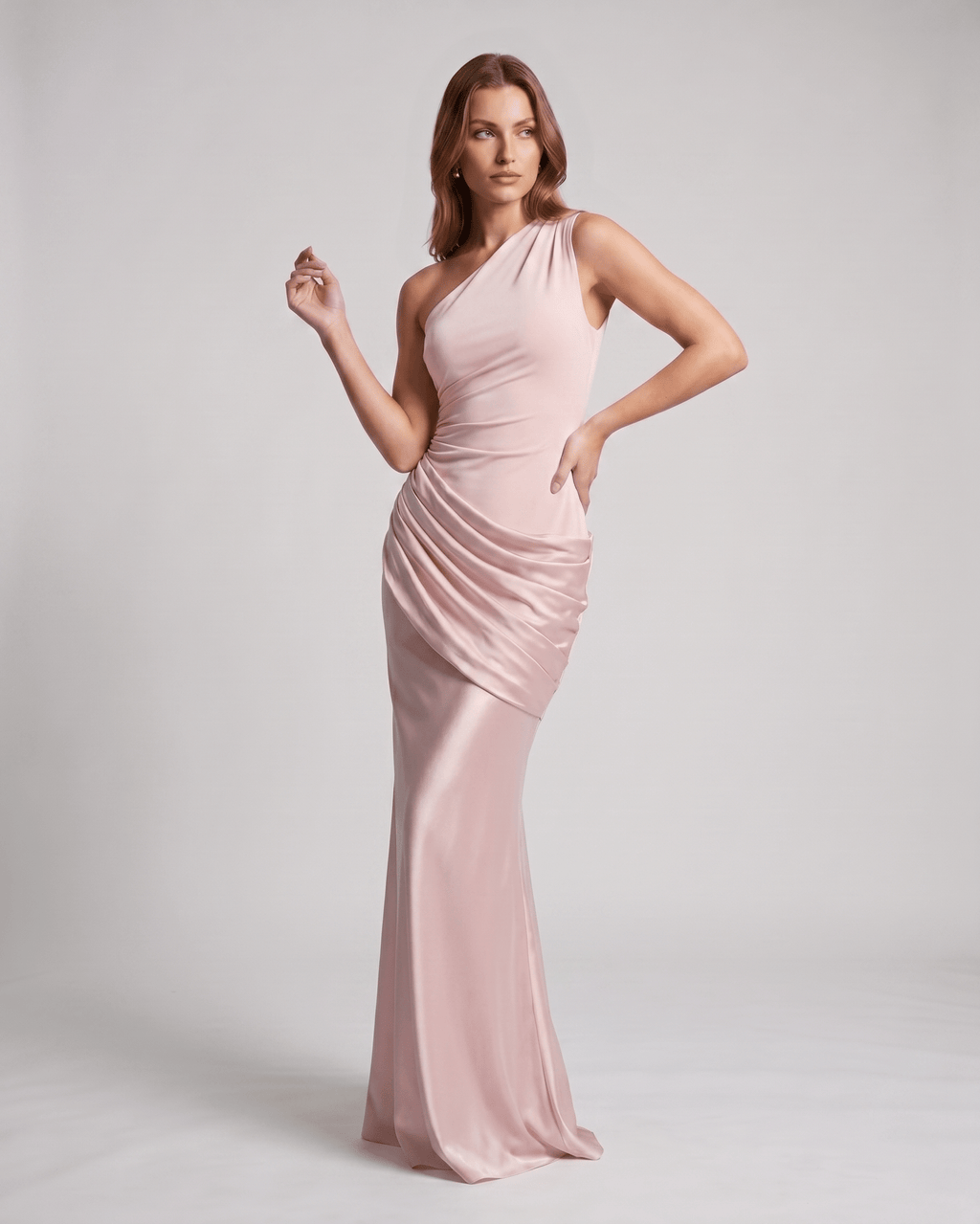 Veloura Maxi Dress by Lauven — satin sleeveless one-shoulder fitted maxi dress with ruched waist