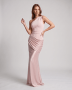 Veloura Maxi Dress by Lauven — satin sleeveless one-shoulder fitted maxi dress with ruched waist