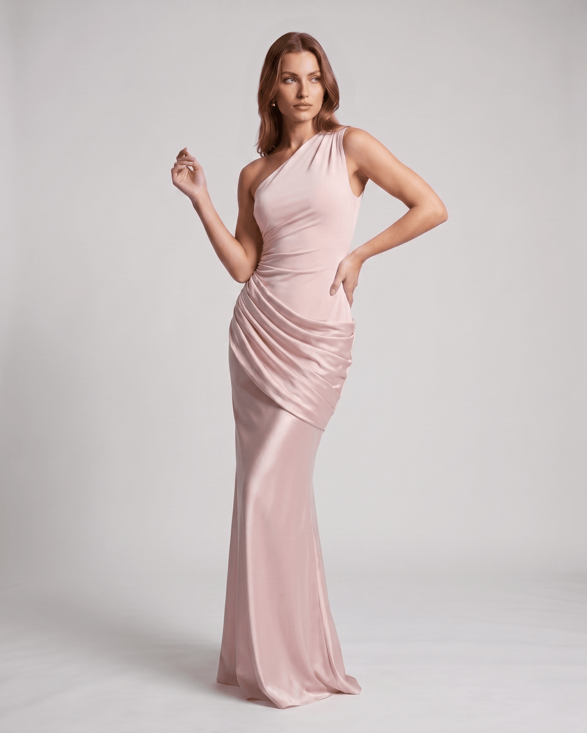 Veloura Maxi Dress by Lauven — satin sleeveless one-shoulder fitted maxi dress with ruched waist