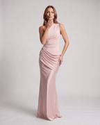 Veloura Maxi Dress by Lauven — satin sleeveless one-shoulder fitted maxi dress with ruched waist