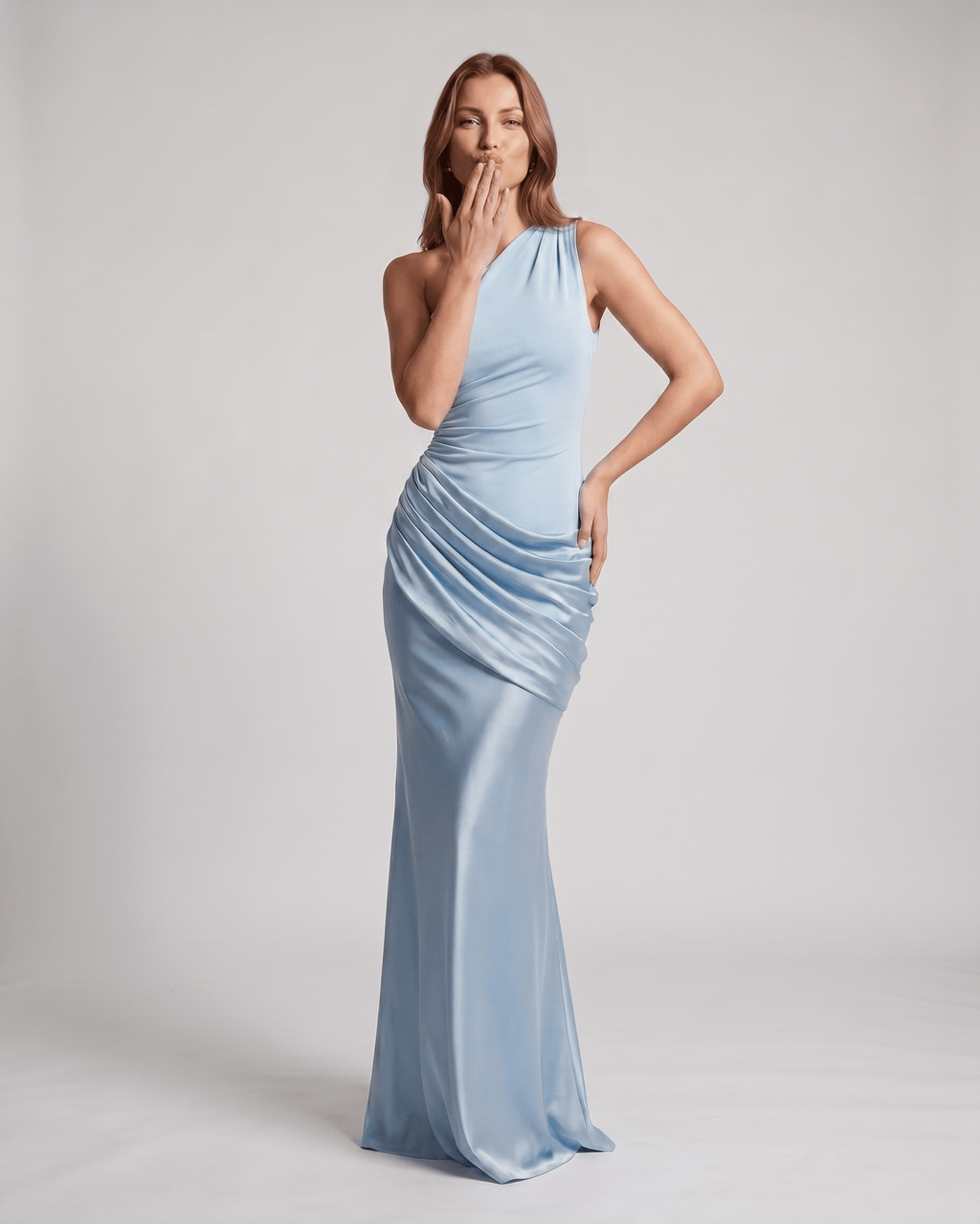Veloura Maxi Dress by Lauven — satin sleeveless one-shoulder fitted maxi dress with ruched waist