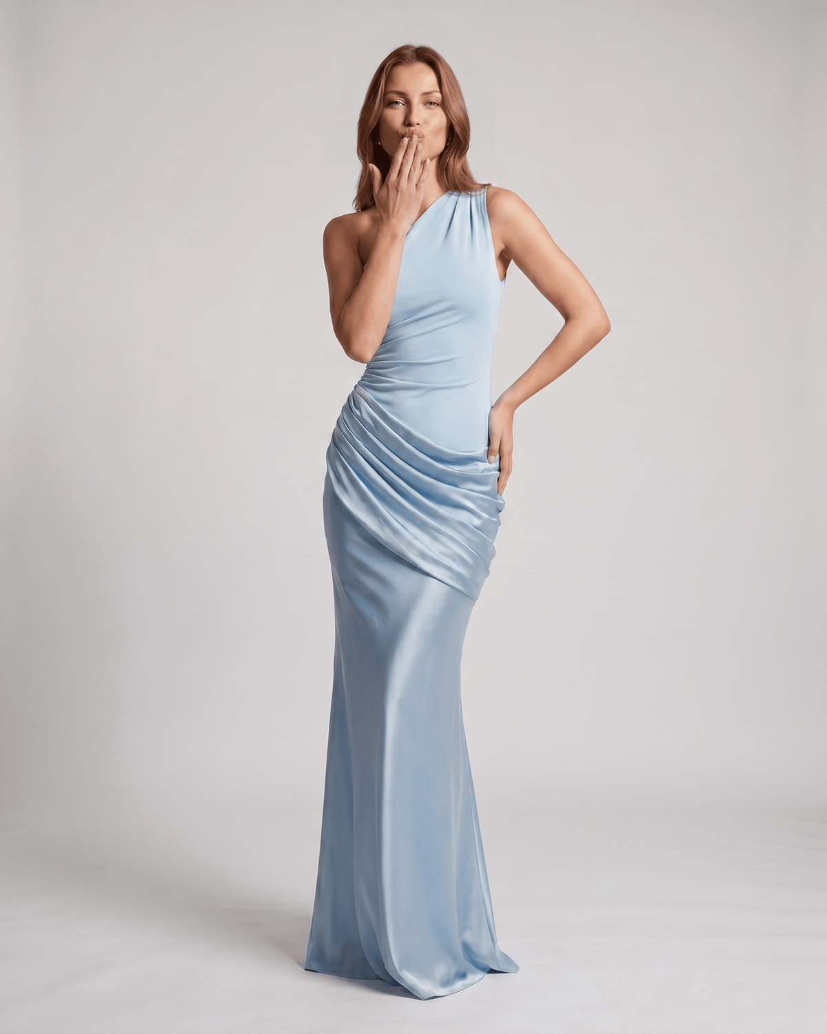 Veloura Maxi Dress by Lauven — satin sleeveless one-shoulder fitted maxi dress with ruched waist