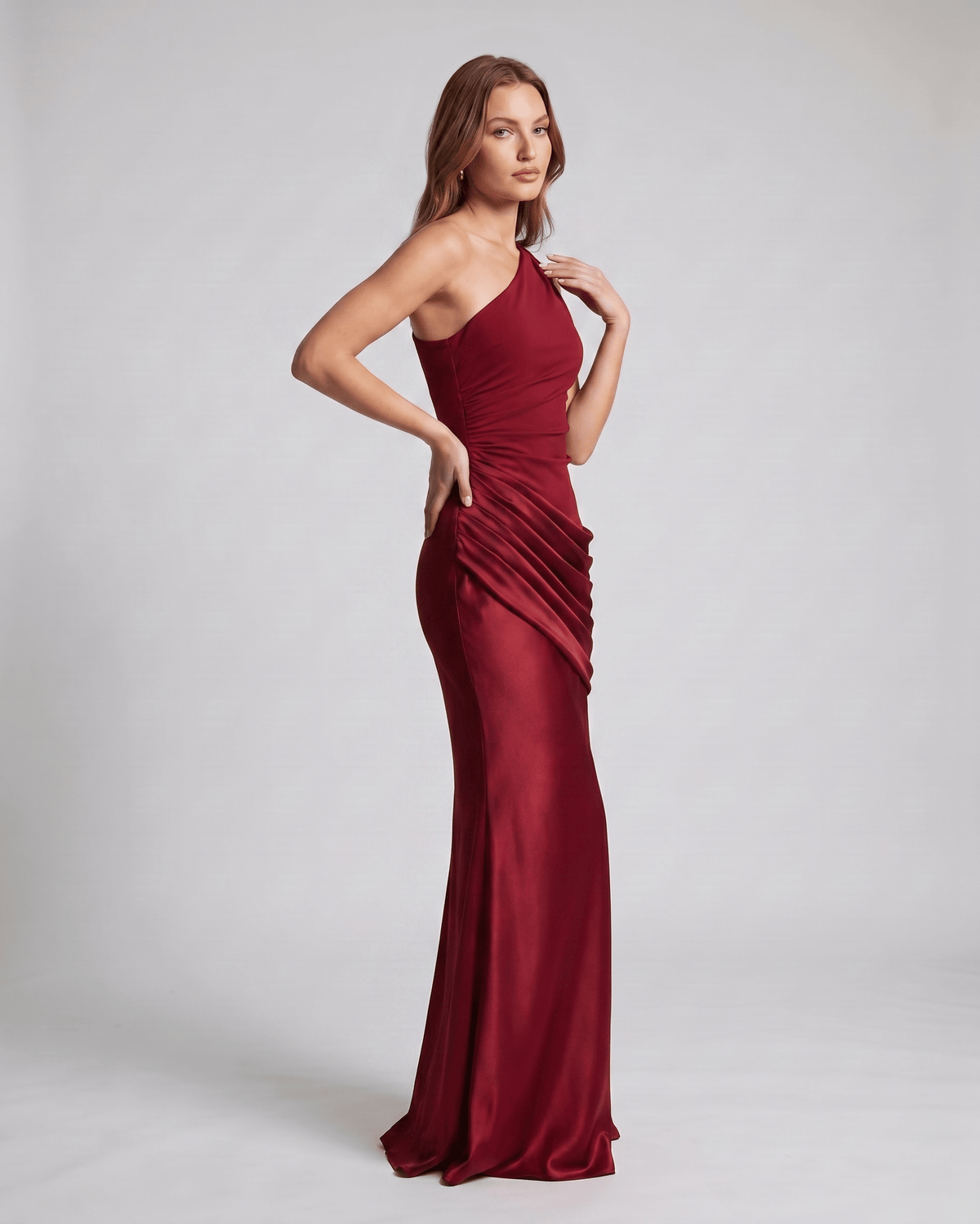 Veloura Maxi Dress by Lauven — satin sleeveless one-shoulder fitted maxi dress with ruched waist