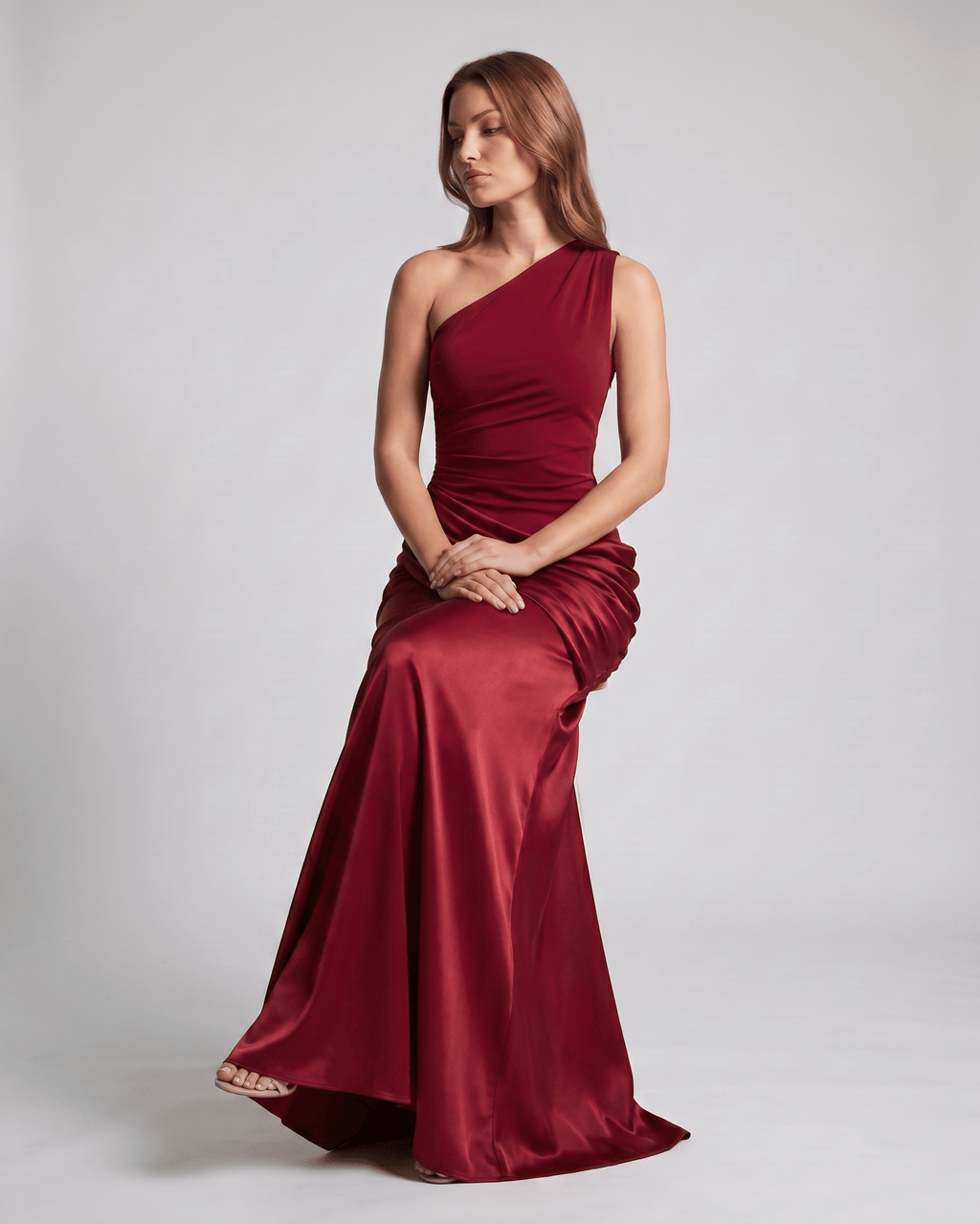 Veloura Maxi Dress by Lauven — satin sleeveless one-shoulder fitted maxi dress with ruched waist