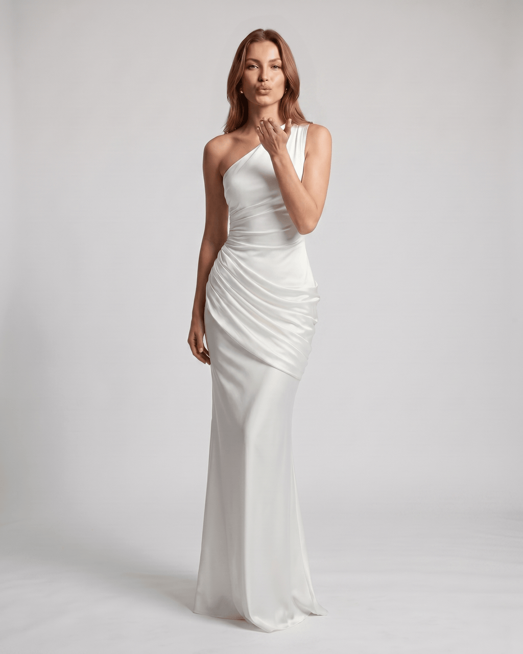 Veloura Maxi Dress by Lauven — satin sleeveless one-shoulder fitted maxi dress with ruched waist