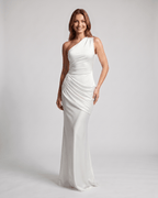 Veloura Maxi Dress by Lauven — satin sleeveless one-shoulder fitted maxi dress with ruched waist