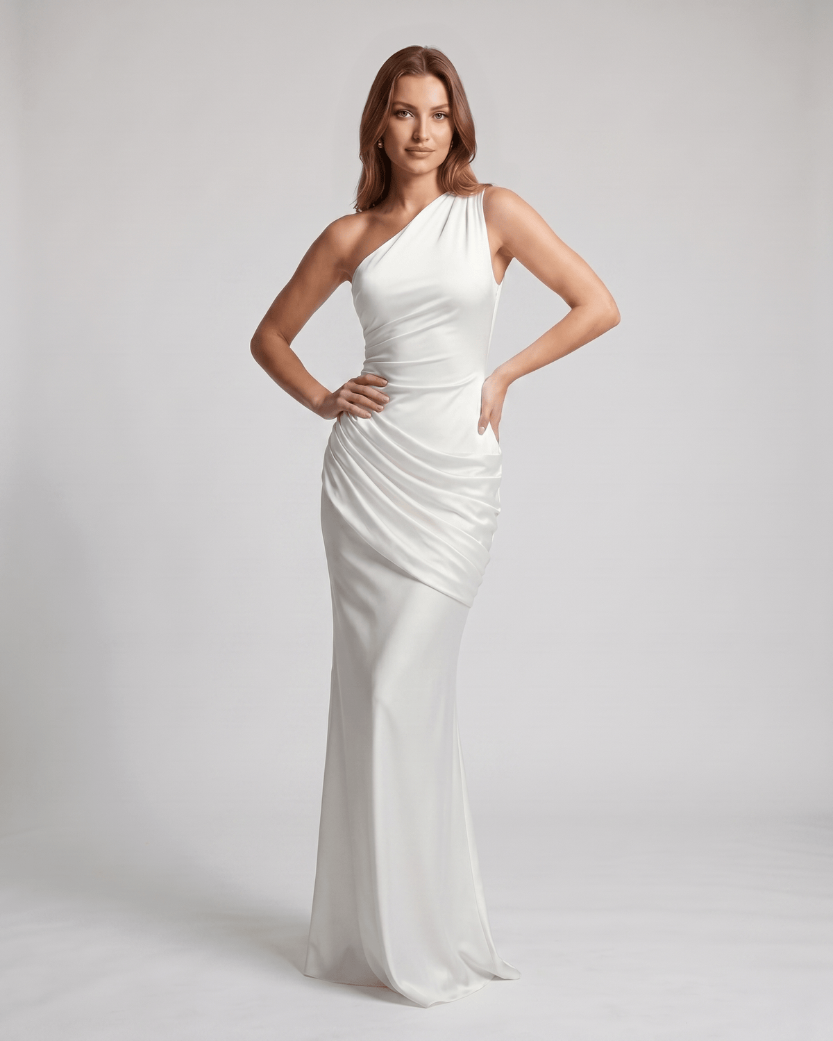 Veloura Maxi Dress by Lauven — satin sleeveless one-shoulder fitted maxi dress with ruched waist