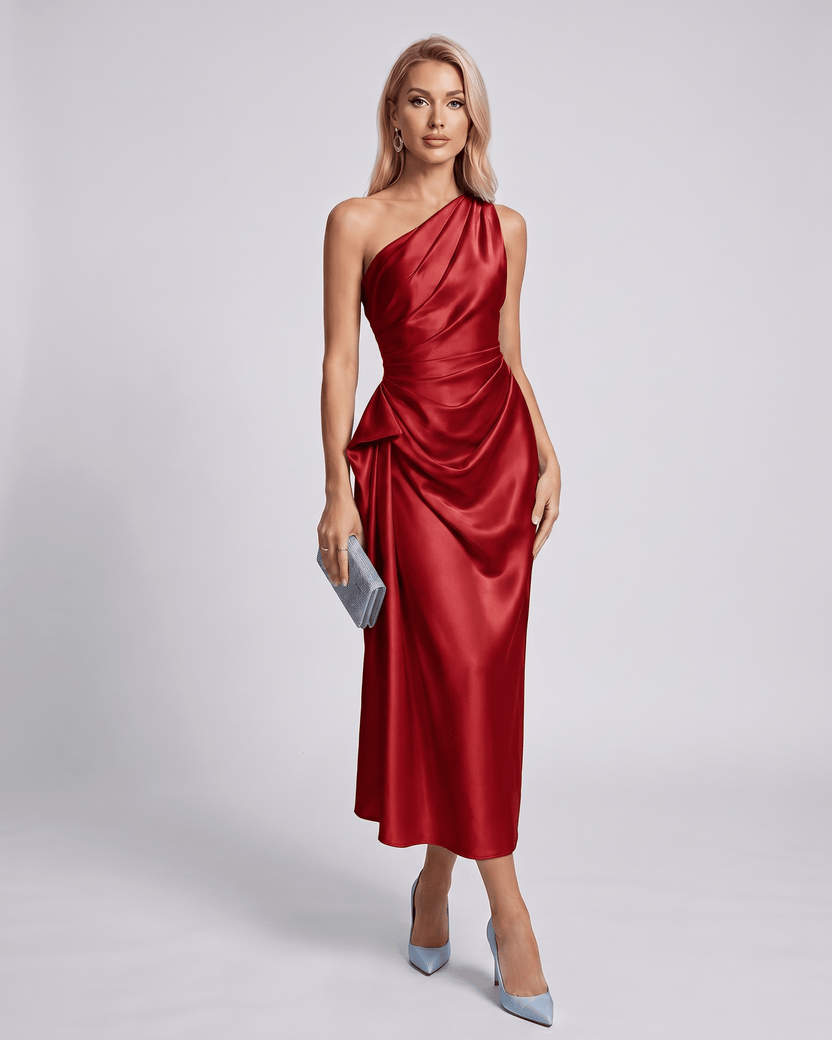 Seraphine Midi Dress by Lauven — red satin sleeveless one-shoulder draped sheath midi dress
