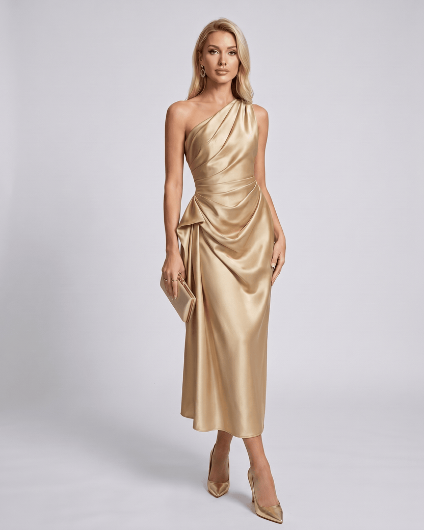 Seraphine Midi Dress by Lauven — beige satin sleeveless one-shoulder draped sheath midi dress
