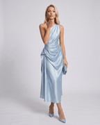 Seraphine Midi Dress by Lauven — satin sleeveless one-shoulder draped sheath midi dress