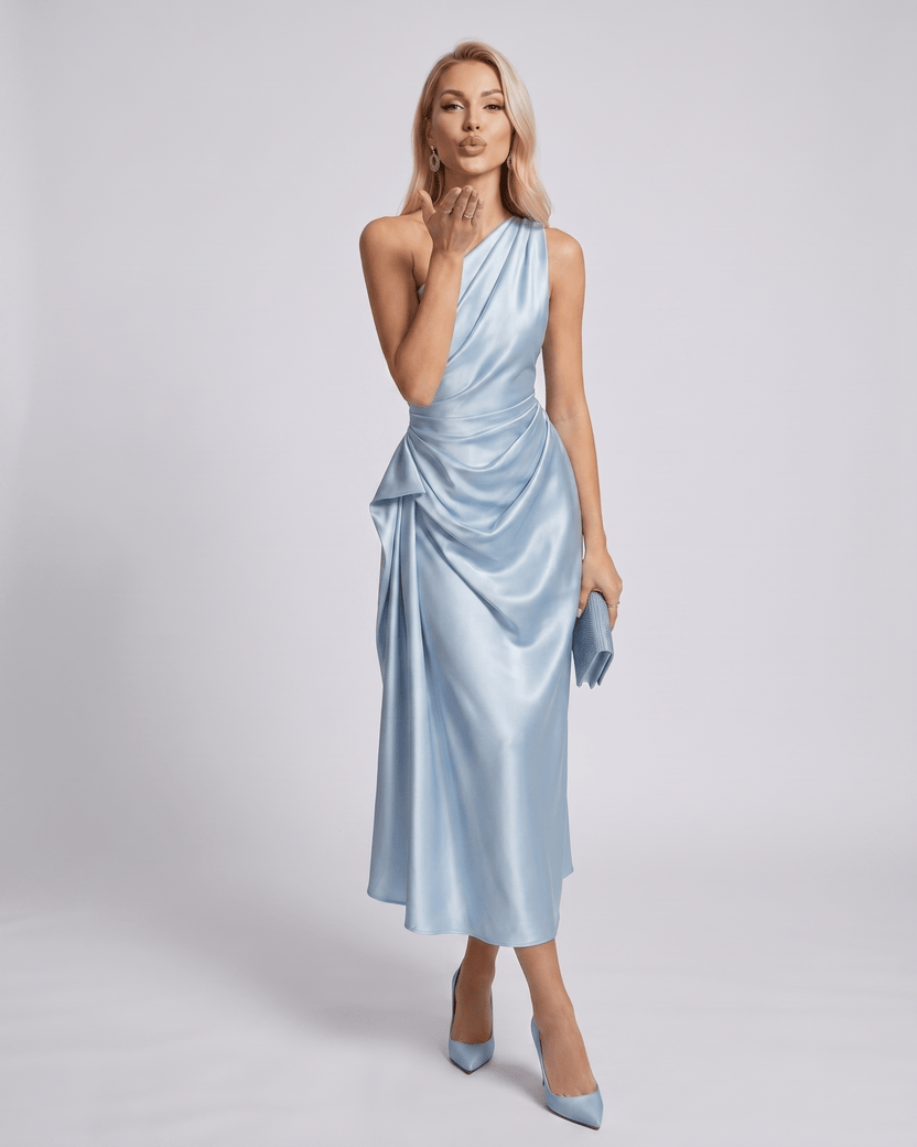Seraphine Midi Dress by Lauven — satin sleeveless one-shoulder draped sheath midi dress