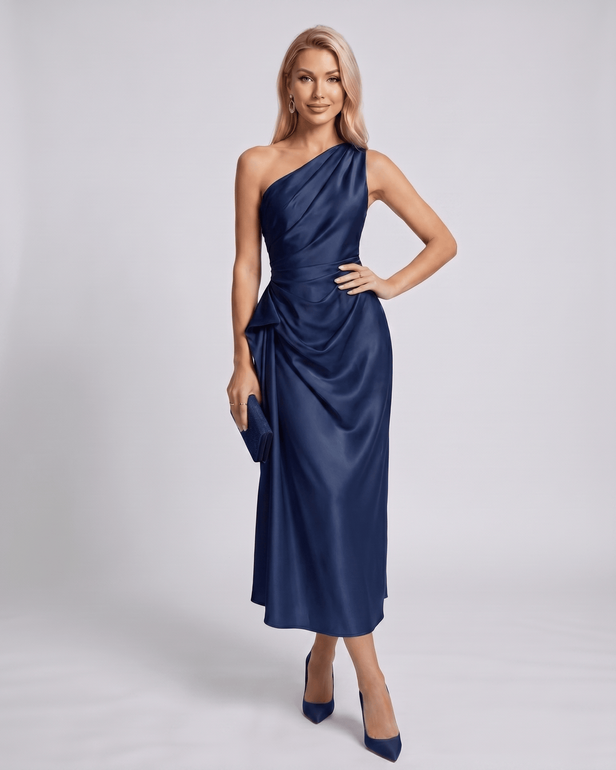 Seraphine Midi Dress by Lauven — satin sleeveless one-shoulder draped sheath midi dress