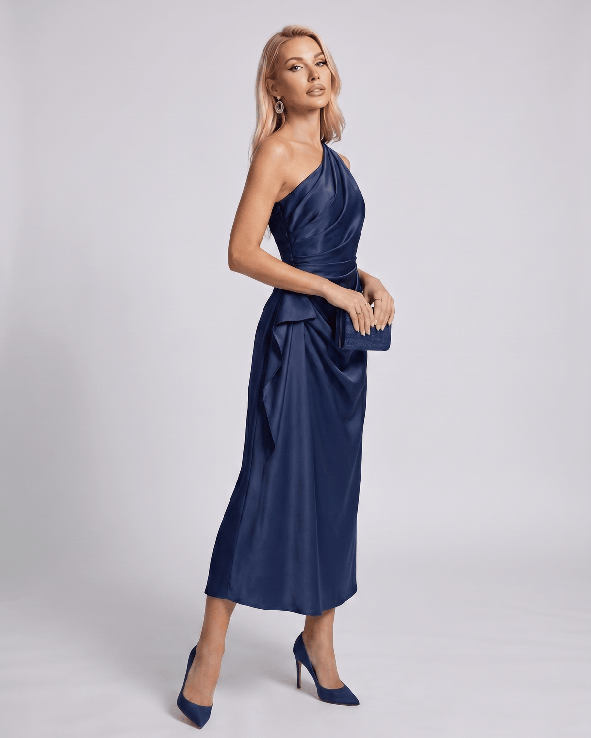 Seraphine Midi Dress by Lauven — satin sleeveless one-shoulder draped sheath midi dress