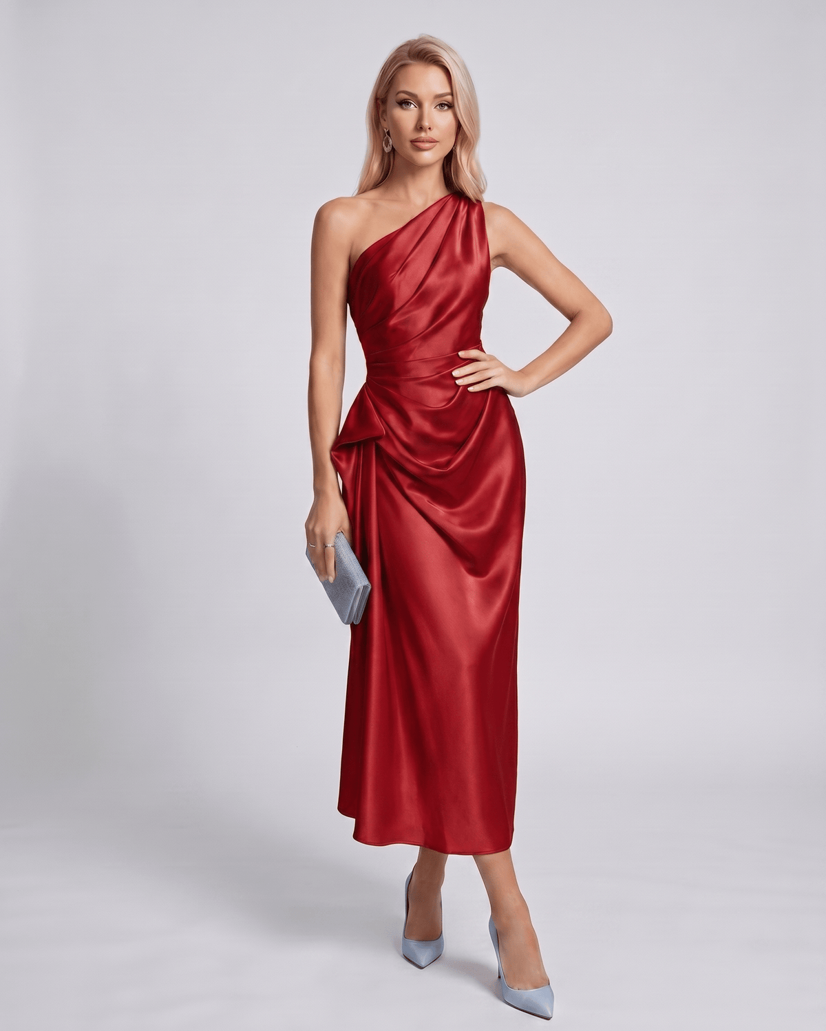 Seraphine Midi Dress by Lauven — satin sleeveless one-shoulder draped sheath midi dress