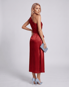 Seraphine Midi Dress by Lauven — satin sleeveless one-shoulder draped sheath midi dress