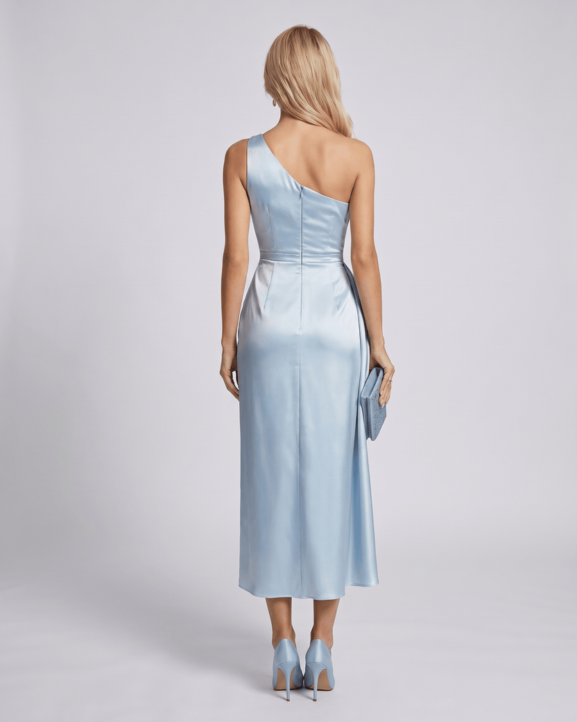 Seraphine Midi Dress by Lauven — satin sleeveless one-shoulder draped sheath midi dress
