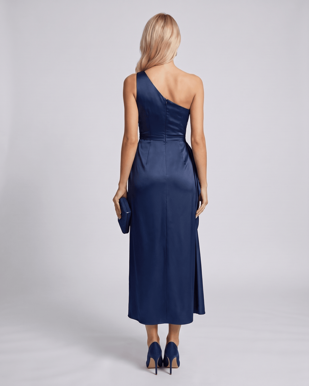 Seraphine Midi Dress by Lauven — satin sleeveless one-shoulder draped sheath midi dress