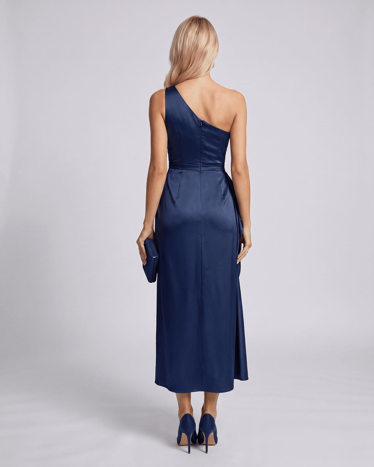 Seraphine Midi Dress by Lauven — satin sleeveless one-shoulder draped sheath midi dress