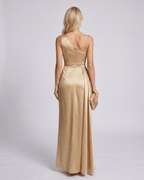 Seraphine Midi Dress by Lauven — satin sleeveless one-shoulder draped sheath midi dress