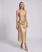 Seraphine Midi Dress by Lauven — satin sleeveless one-shoulder draped sheath midi dress