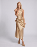 Seraphine Midi Dress by Lauven — satin sleeveless one-shoulder draped sheath midi dress