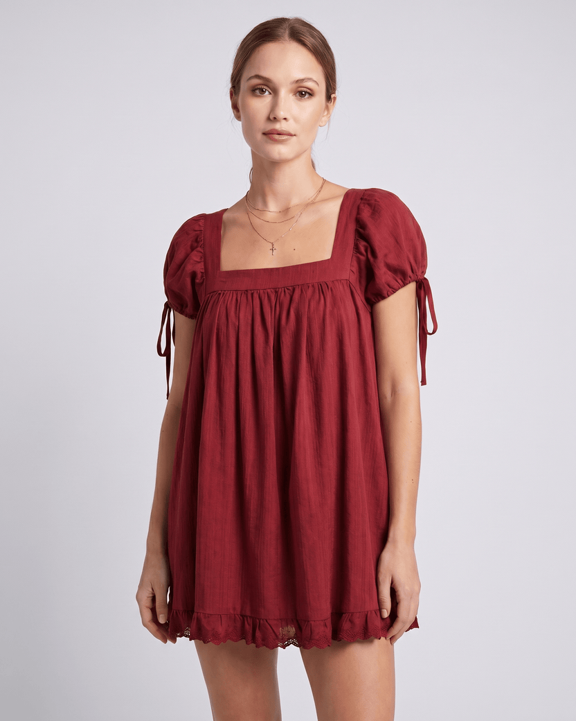 Solenne Mini Dress by Lauven — red cotton puff sleeve square neck A-line mini dress