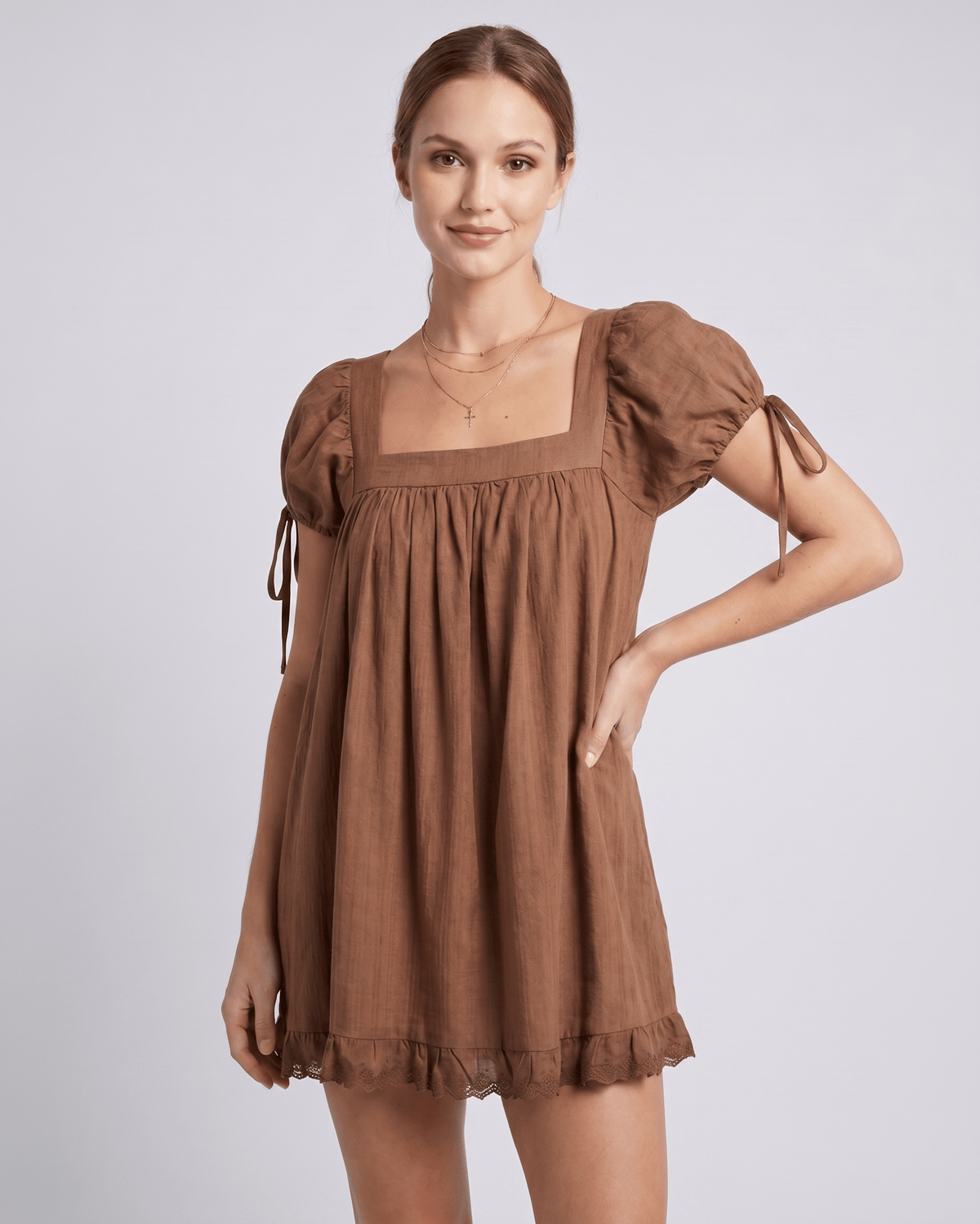 Solenne Mini Dress by Lauven — cotton puff sleeve square neck A-line mini dress