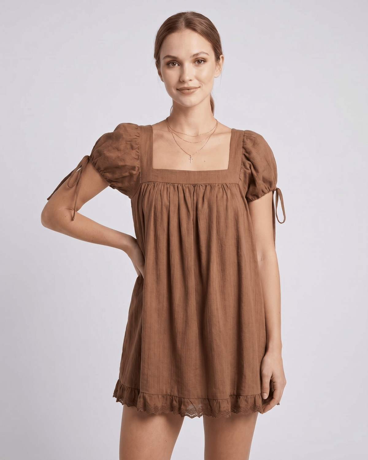 Solenne Mini Dress by Lauven — cotton puff sleeve square neck A-line mini dress