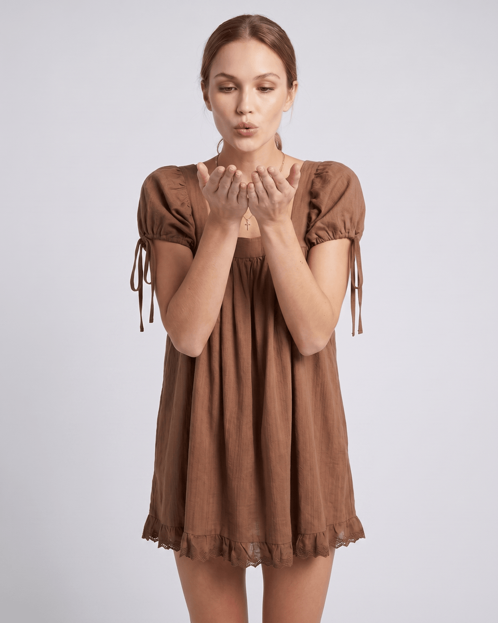 Solenne Mini Dress by Lauven — cotton puff sleeve square neck A-line mini dress