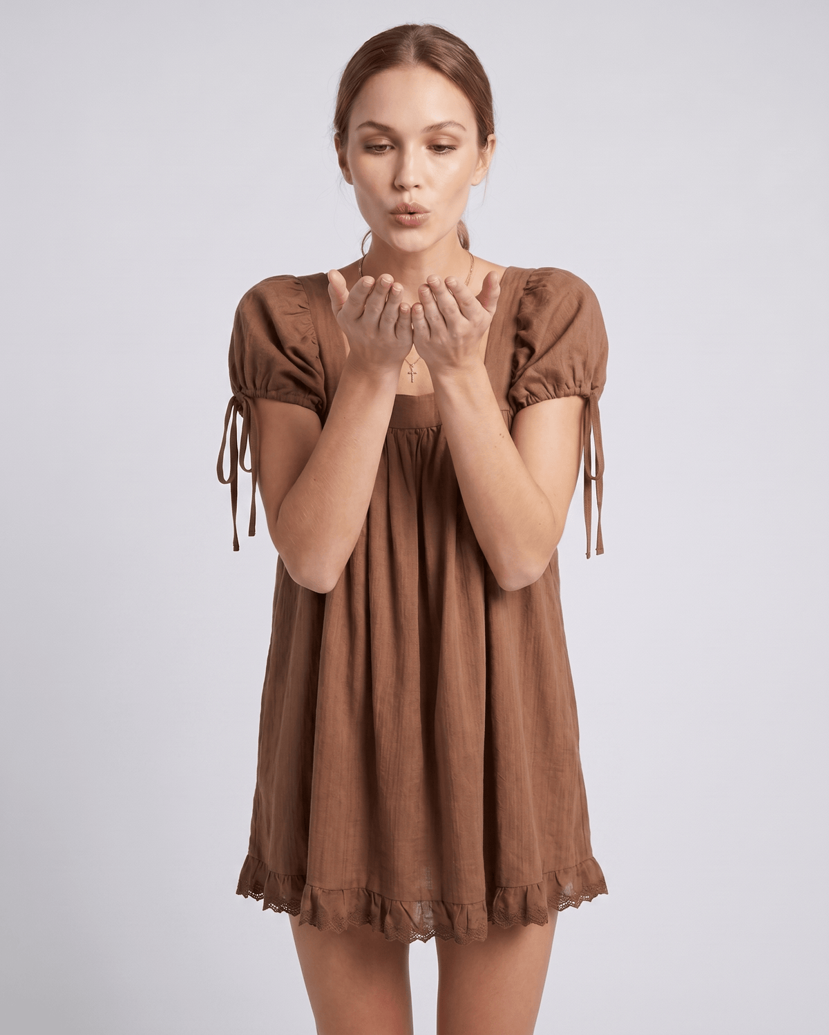 Solenne Mini Dress by Lauven — cotton puff sleeve square neck A-line mini dress