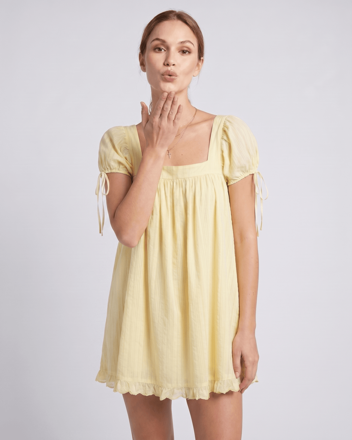 Solenne Mini Dress by Lauven — cotton puff sleeve square neck A-line mini dress