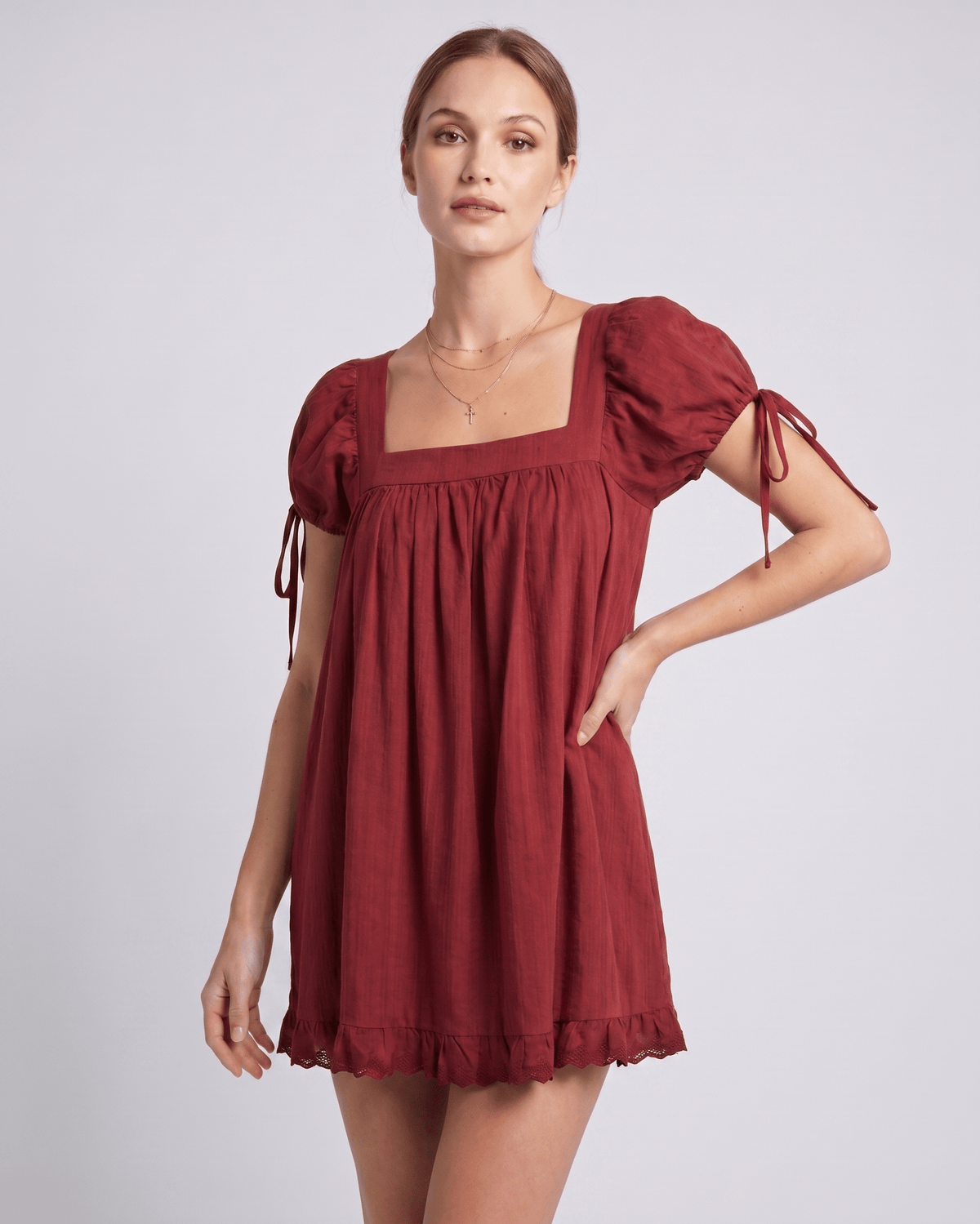 Solenne Mini Dress by Lauven — cotton puff sleeve square neck A-line mini dress