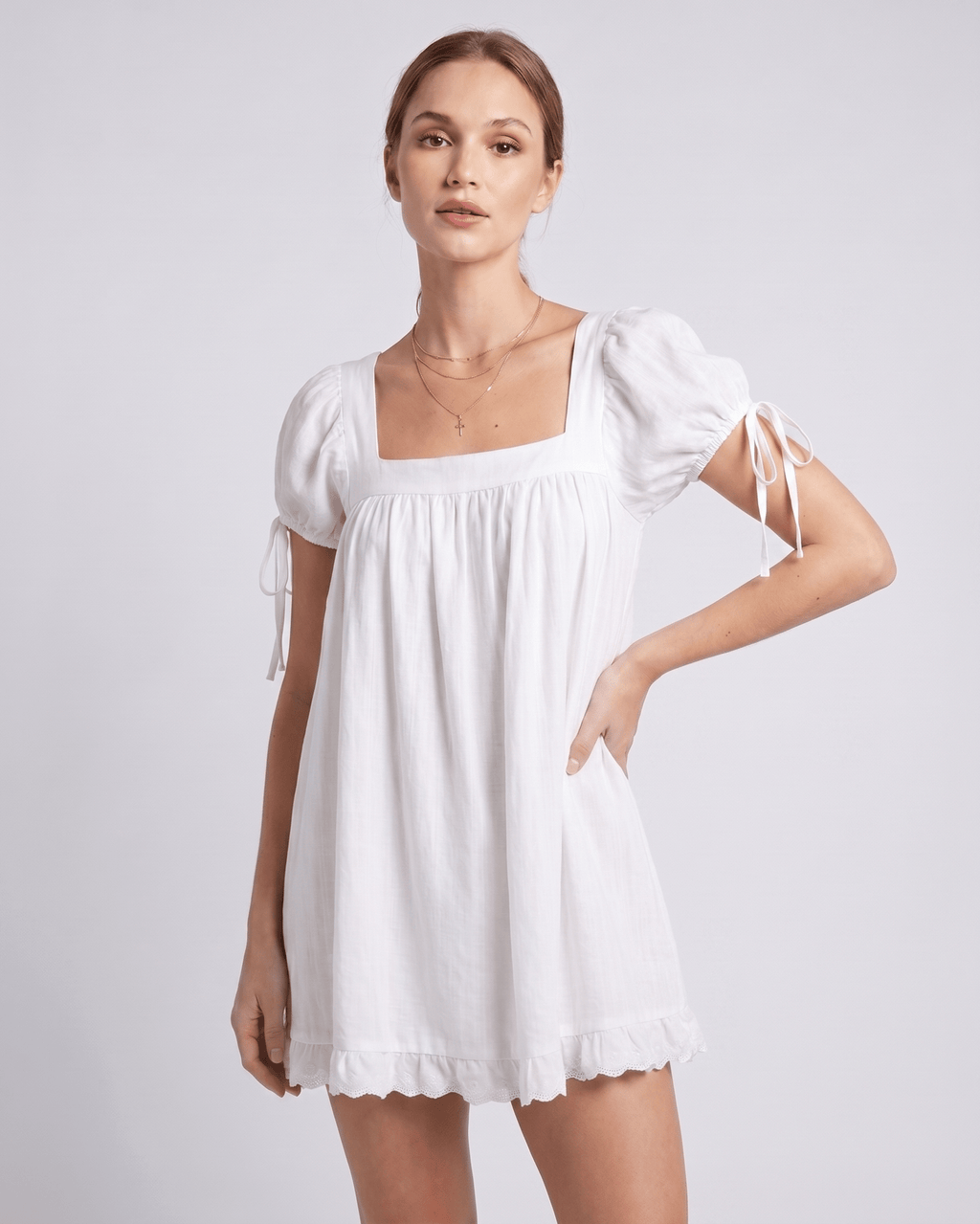 Solenne Mini Dress by Lauven — cotton puff sleeve square neck A-line mini dress