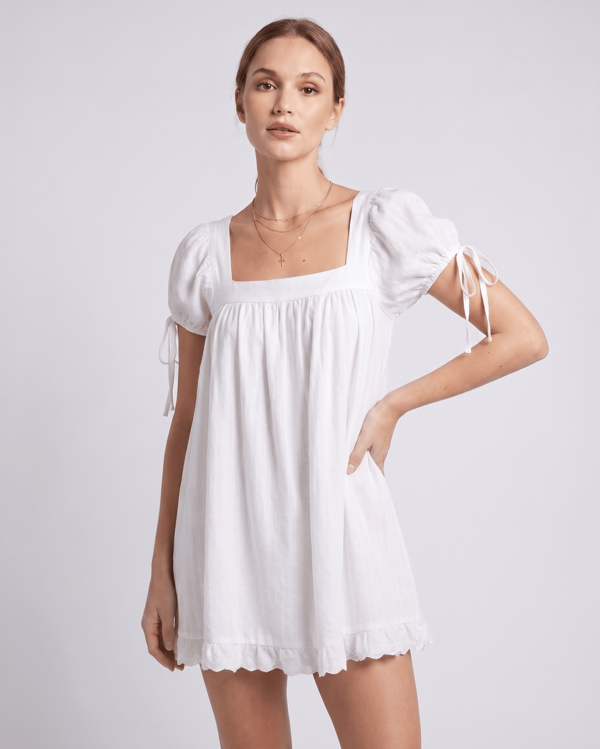 Solenne Mini Dress by Lauven — cotton puff sleeve square neck A-line mini dress