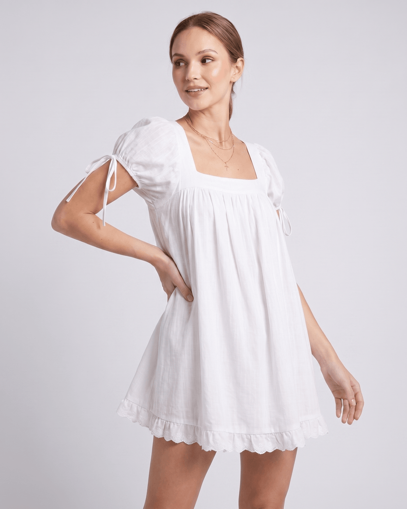 Solenne Mini Dress by Lauven — cotton puff sleeve square neck A-line mini dress